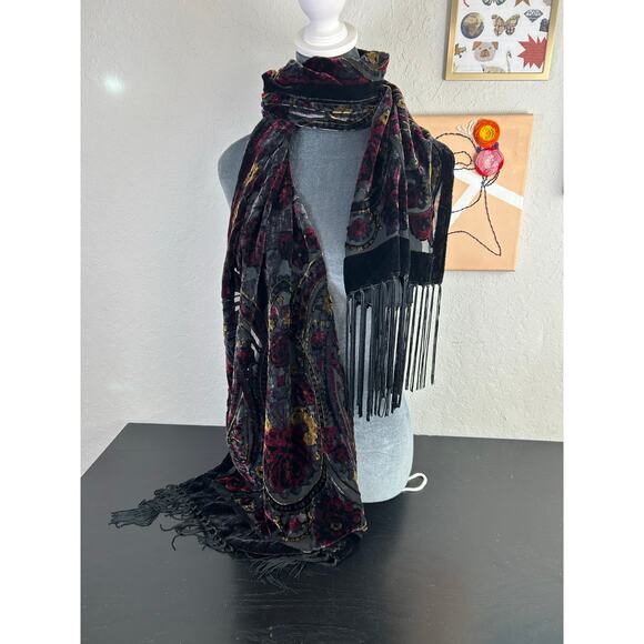 Vintage Accessories - Vtg Shawl -70 x19"- Crushed Velvet Burnout- Red Black Gold fringe whimsigoth